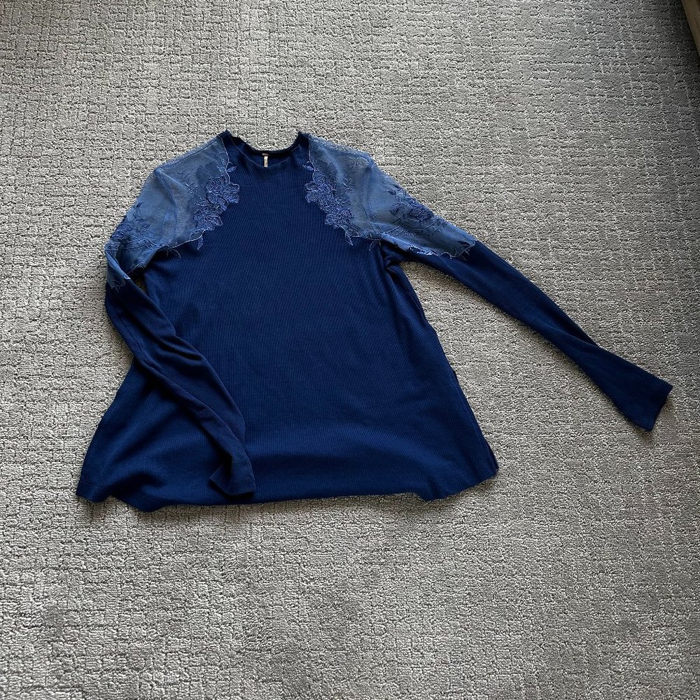 Free People Blue Lace Shoulder Long Sleeve Top